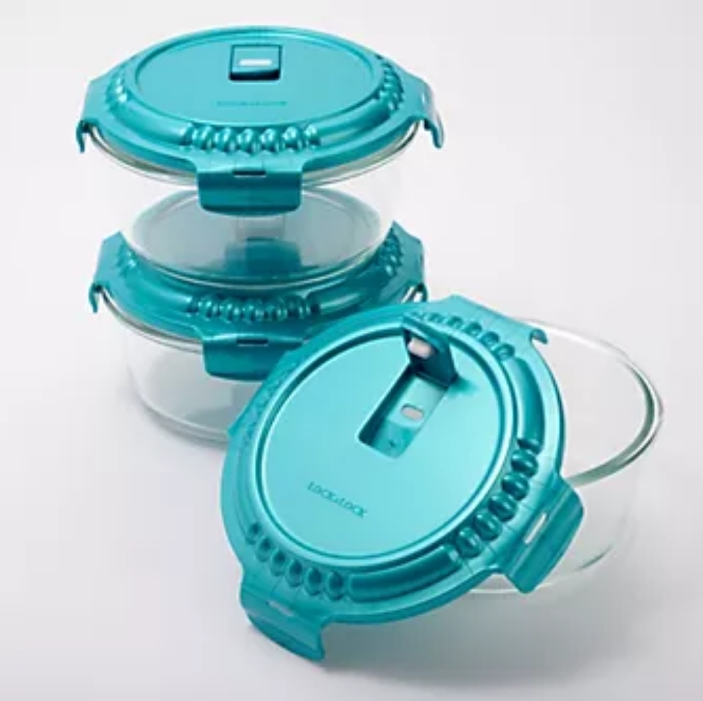 Lock & Lock 3pc 4cup Vented Round Glass Storage Containers Red - Picture 2 of 7